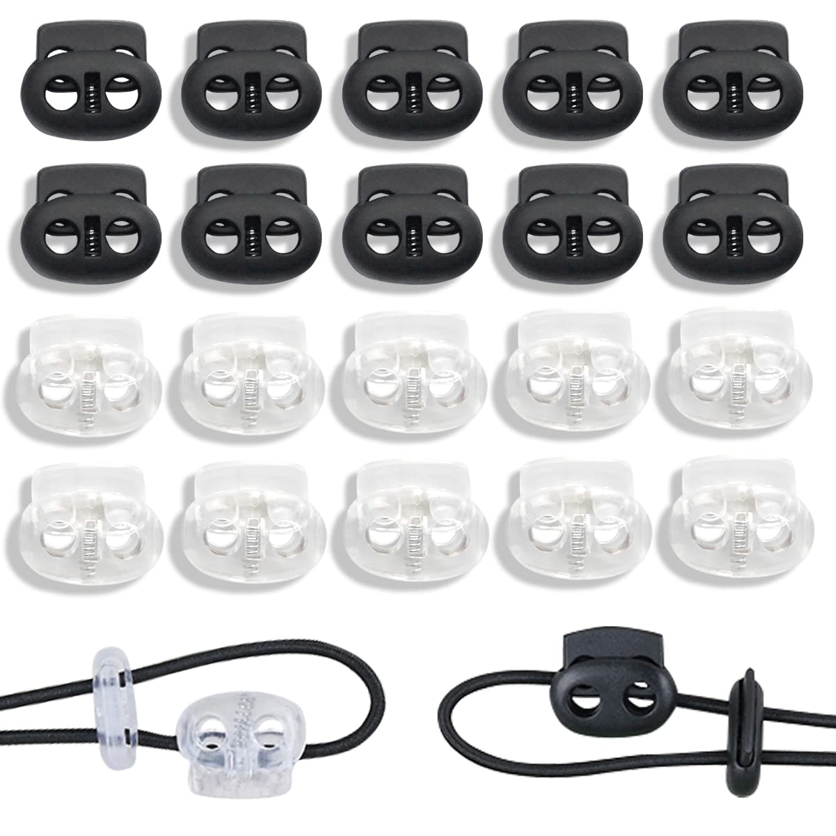 【送料無料】[BEAUTY PLAYER] スプリングコードストッパー 2つ穴 2本用コードロック 丸型 穴径約5mm （20個入り） トグルストッパー スポーツウェア用 プラスチックパーツ 多用途 紐用ゴム スプリング紐止め 交換 補修用 (絞り5mm、黒+透明)