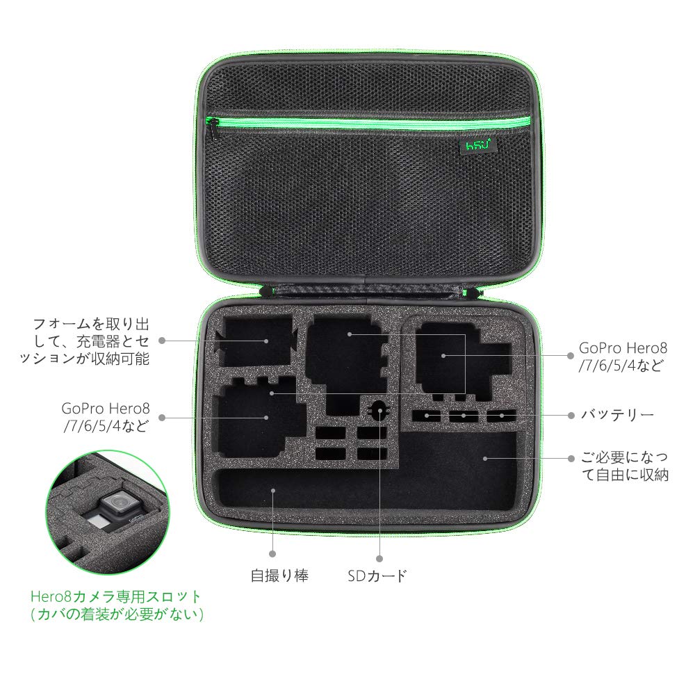 【9月1日ー9月15日まで200円オフ】【送料無料】HSU gopro収納ケース GoPro Hero13/12/11/10/9/8/7/6/5対応 及び他のアクションカメラ 収納バッグ アクセサリー収納 防塵 防水 アクションカメラに対応 （大 グリーン hosket-10016684 ほすけっと楽天市場店 サンプル画像3