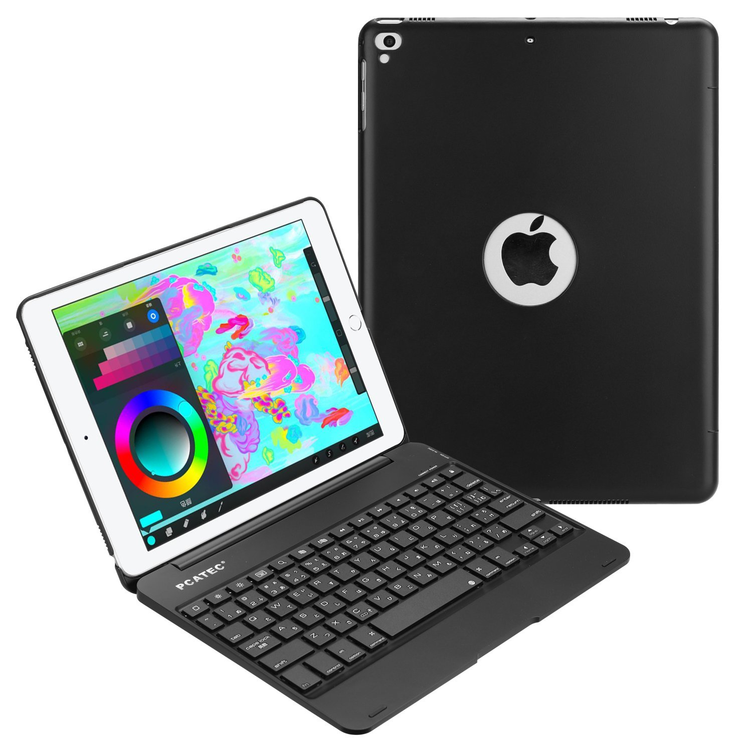 【送料無料】ピーシーエーテック iPad9.7 (2018第6世代) / iPad 9.7 (2017第5世代) / iPad air 専用 Bluetooth キーボードケースPCカバー Macbookに変身 日本語かな入力対応 (ブラック)