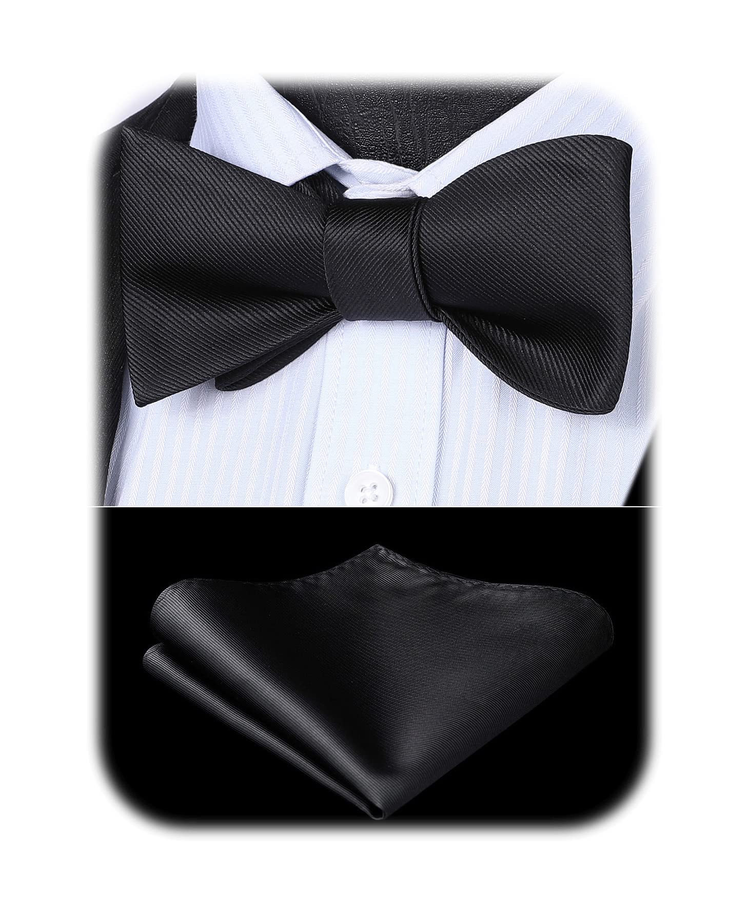 [HISDERN] 黒 蝶ネクタイ メンズ 結婚式 手結び チーフ セット 無地 ボウタイ ブラック ビジネス フォーマル 二次会 BC-01