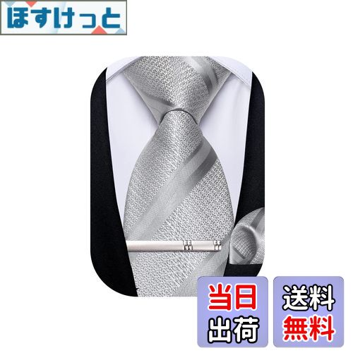【送料無料】[DiBanGu] ネクタイ シルバーグレー 結婚式 ストライプ ポケットチーフ タイピン 洗濯可能 イージーケア