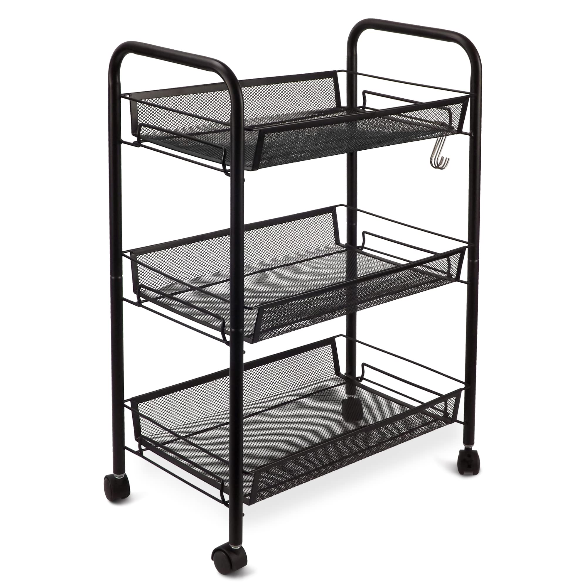 【送料無料】HANKEY キッチンワゴン 三段ラック 隙間収納 キャスタ付き メッシュバスケット カート キャスターロック可能 フック4個 簡単 整理