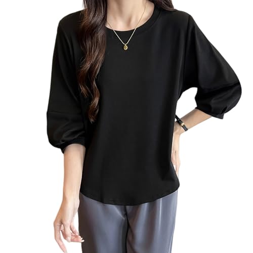 【送料無料】[TeMibery Lyric] tシャツ レディース 半袖 パフスリーブ 春 秋 クルーネック トップス 七分袖 カットソー オフィス おしゃれ ゆったり カジュアル シンプル キレイめ 丸首 大きいサイズ 可愛い 体型カバー 無地 通勤 快適 韓国