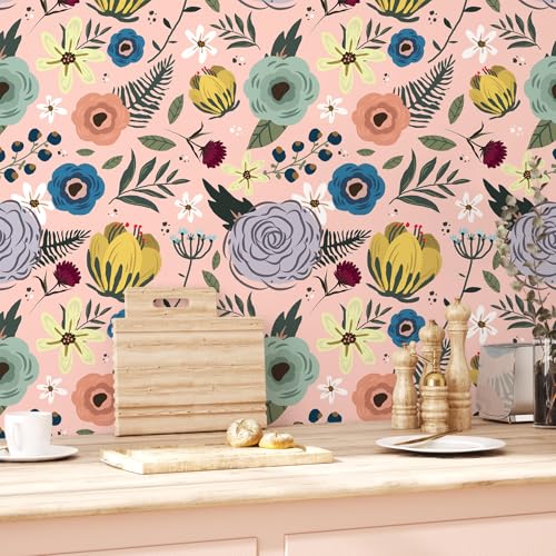 【送料無料】VEELIKE 花柄 壁紙シール 貼るだけ壁紙 クロス 大輪の花 ピンク 防水 耐熱 リメイクシート 厚手 44.5x300cm ふすま紙 リビング ダイニング ベッドルーム リフォーム カッティングシート ウォールステッカー 剥がせる のりつき 食器棚 天井 キッチン 扉 キャ