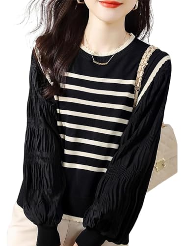 【送料無料】Wnodruke セーター レディース ニット 切り替え カットソー 春 秋 長袖 丸首 薄手 プルオーバー パフスリーブ おしゃれ ゆったり カジュアル 通勤 トップス WN088