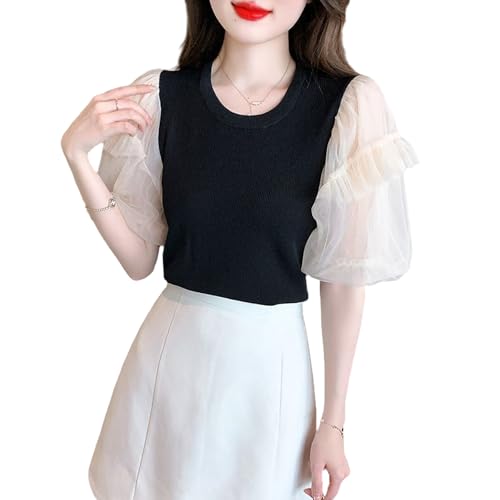 【送料無料】[TeMibery Lyric] ブラウス レディース ニット シャツ カットソー 半袖 tシャツ 春 夏 かわいい 薄手 おしゃれ カジュアル パフスリーブ 可愛い トップス エレガント ゆったり 大きいサイズ キレイめ ファッション 夏服 オフィス