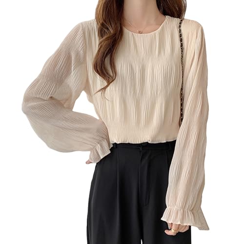 【送料無料】[TeMibery Lyric] ブラウス レディース フリル シャーリング 大きいサイズ カジュアル シャツ 透け感 ゆったり きれいめ クルーネック エレガント 長袖 可愛い トップス オフィス カットソー ファッション 韓国 無地 プルオーバー 春夏 秋