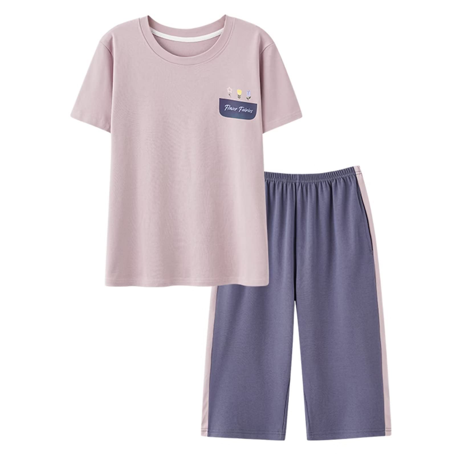 【送料無料】[HEWEAYTA] パジャマ レディース ルームウエア 夏 七分丈 半袖 薄手 丸首 上下セット 快適 ゆったり 肌に優しい 色：37パープル、サイズ：M