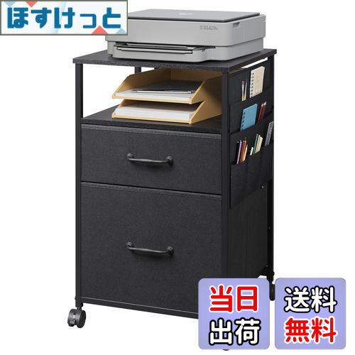 【送料無料】DEVAISE デスクワゴン キャビネット 収納 布製 ファブリック 二杯引き出し付き キャスター付き 引き出し付き サイドポケット付き サイドワゴン サイドデスク サイドチェスト ファイルワゴン 袖机 プリンター台 リッビング 書斎 A4ファイル対応 移動便利 ブラ