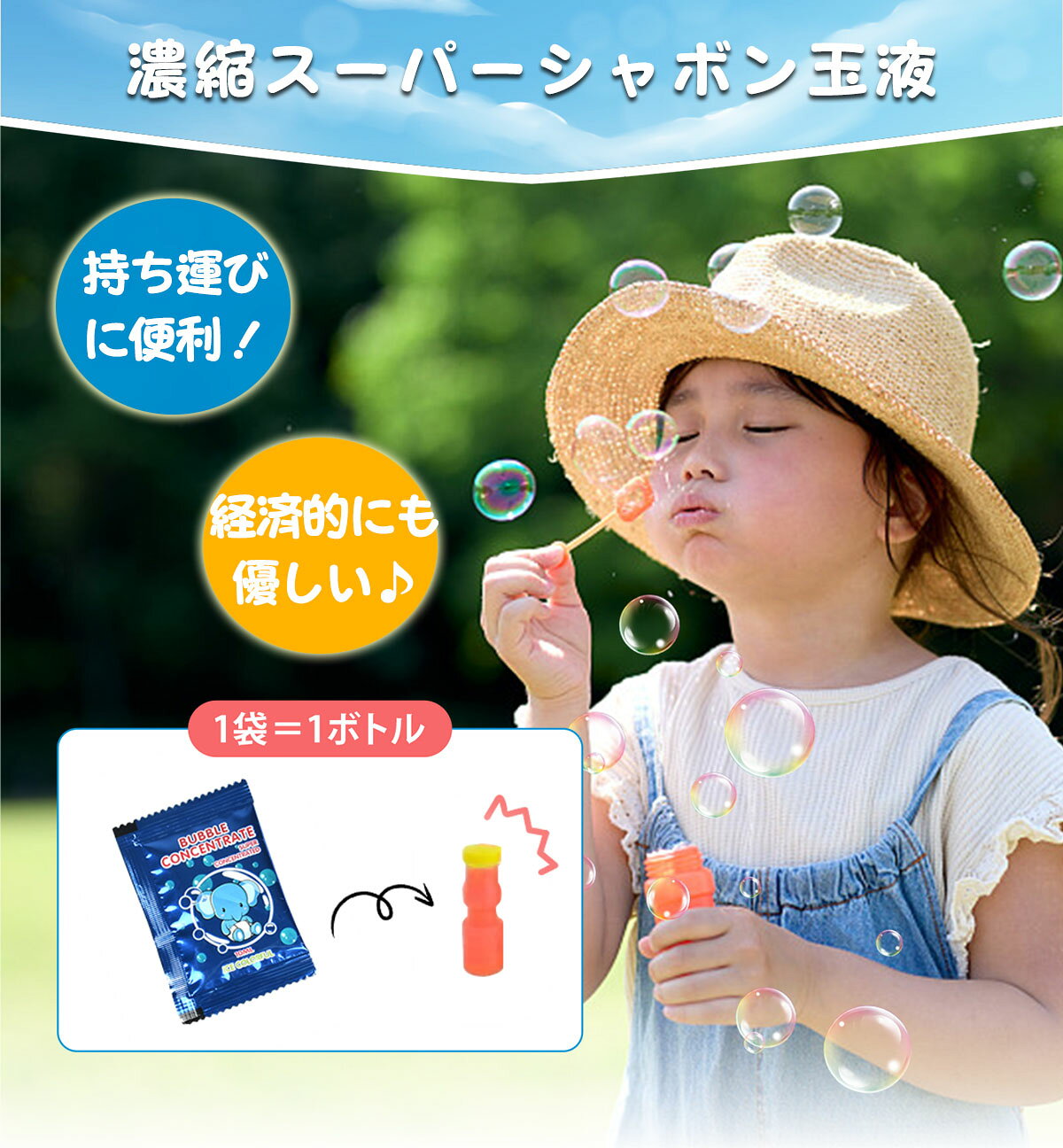 HOSKY楽天市場店の【P2倍+5%OFF】シャボン玉液 濃縮タイプ 50袋セット 割れにくい しゃぼん玉 液 補充液 安全 持ち運びやすい 長持ち おもちゃ 子供用 水遊び シャボン玉補充液 しゃぼん バブルマシンー、バブルガン、シャボン玉吹き棒、バブルカメラ、バブルステッキ専用｜アングル3