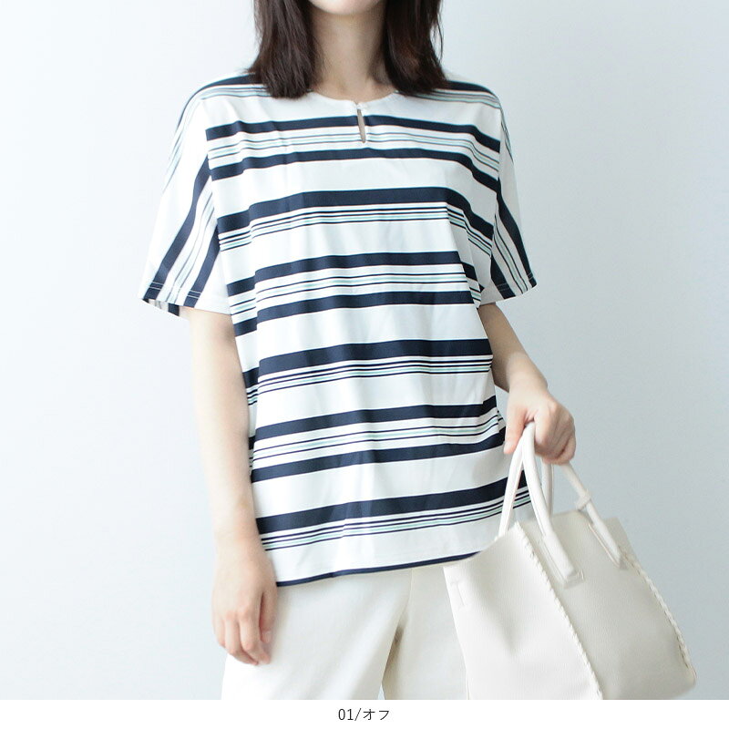 【セール M〜5L】マルチボーダー カットソー tシャツ 大きいサイズ レディース 夏 半袖 ドルマンスリーブ オフィスカジュアル【フルール バイ ミントブリーズ】 婦人服 ファッション 30代 40代 50代 60代 ミセス おしゃれ 通販【返品交換不可】 11s hot-air-10022932 Hot-air 大きいサイズ レディース サンプル画像2