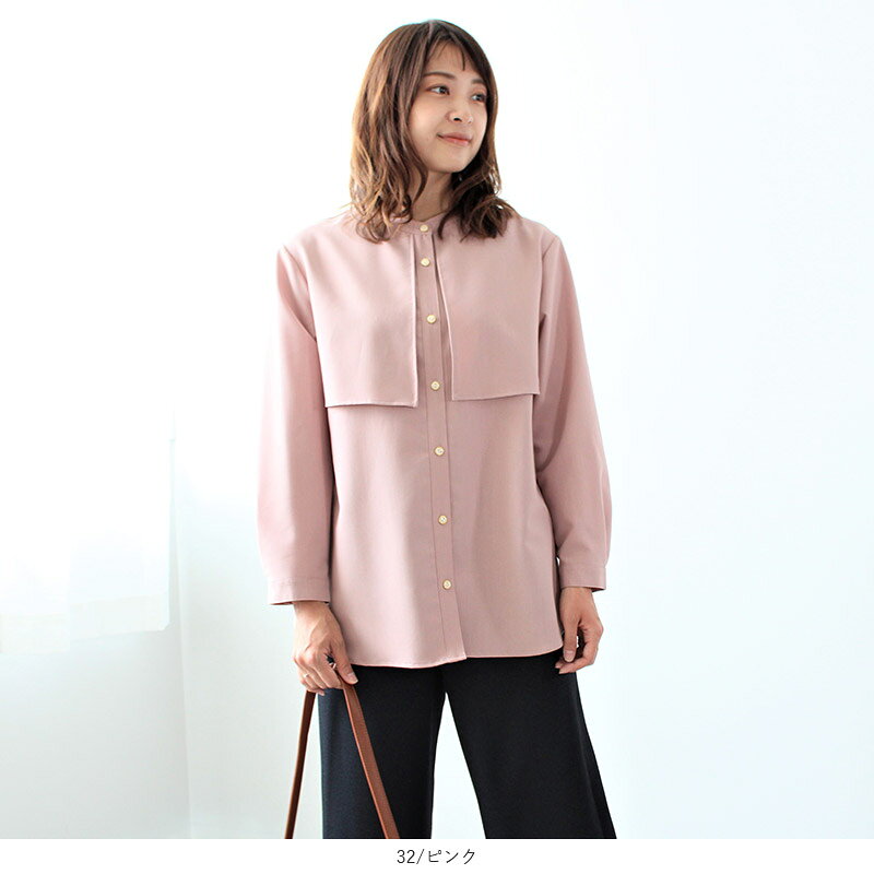 【セール M〜5L】ケープ風 バンドカラー ブラウス 大きいサイズ レディース 秋 冬 長袖 【fleur by mint breeze フルール バイ ミントブリーズ】 婦人服 ファッション 30代 40代 50代 60代 ミセス 【返品交換不可】 hot-air-10022989 Hot-air 大きいサイズ レディース サンプル画像2