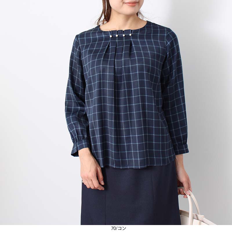 【セール LL〜5L】チェック柄 パール ブラウス 大きいサイズ レディース 秋 冬 長袖 【fleur by mint breeze フルール バイ ミントブリーズ】 婦人服 ファッション 30代 40代 50代 60代 ミセス 【返品交換不可】 hot-air-10023020 Hot-air 大きいサイズ レディース サンプル画像3