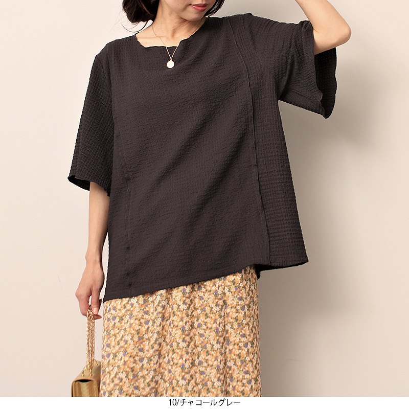 【セールL〜5L】シャーリング カットソー 大きいサイズ レディース ニット プルオーバー 春 夏 半袖 【leswel レスウェル】 ミントブリーズ 婦人服 ファッション 20代 30代 40代 50代 ミセス おしゃれ【返品交換不可】 hot-air-10023533 Hot-air 大きいサイズ レディース サンプル画像2