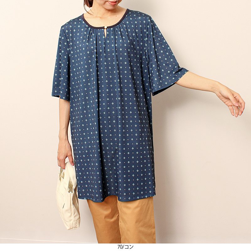 【セール L〜5L】 小紋柄 プリント チュニック ワンピース カットソー 大きいサイズ レディース 春 夏 半袖 5分袖 エスニック 楽ちん【MB エムビーミントブリーズ】 婦人服 ファッション 30代 40代 50代 60代 ミセス おしゃれ【返品交換不可】 11s hot-air-10023567 Hot-air 大きいサイズ レディース サンプル画像3
