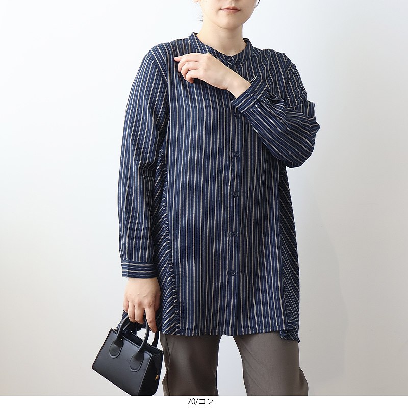 【セールL〜5L】ストライプ バンドカラー 切替 シャツ 大きいサイズ レディース 秋冬 長袖 前開き ブラウス 【MB エムビーミントブリーズ 公式】 婦人服 ファッション 30代 40代 50代 60代 ミセス おしゃれ 通販 【返品交換不可】 hot-air-10023686 Hot-air 大きいサイズ レディース サンプル画像2