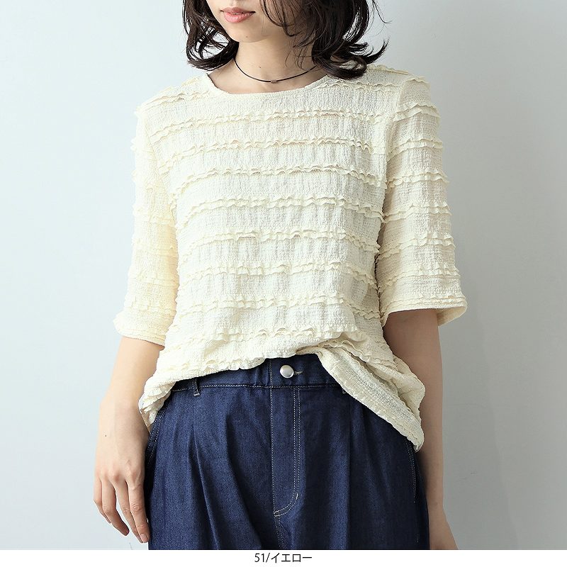 【セールL〜5L】レースフリル ジャガード プルオーバー カットソー 大きいサイズ レディース 夏服 半袖 可愛い【leswel レスウェル】ミントブリーズ 婦人服 ファッション 20代 30代 40代 50代 ヤング ミセス おしゃれ 通販【返品交換不可】 hot-air-10023914 Hot-air 大きいサイズ レディース サンプル画像3