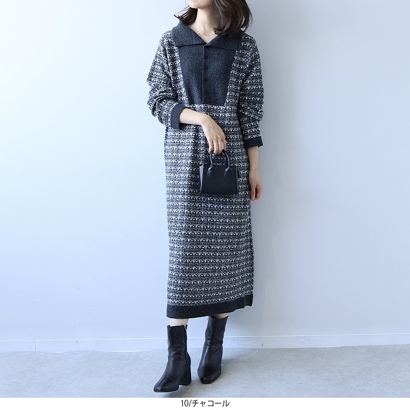 【セールL〜5L】リンクス編み 襟付き ニットワンピース 大きいサイズ レディース 秋冬 可愛い ロング丈 チェック柄 格子柄【leswel レスウェル】ミントブリーズ 婦人服 ファッション 20代 30代 40代 50代 おしゃれ 通販 【返品交換不可】 hot-air-10024102 Hot-air 大きいサイズ レディース サンプル画像2