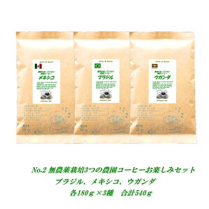 No.2 無農薬・有機栽培原料100％3つの農園コーヒーお楽しみ味比べセット無農薬コーヒー コーヒー豆　ブラジル メキシコ ウガンダ　各180g合計540g【メール便送料無料】【HLS_DU】焼きたて 煎りたてコーヒー