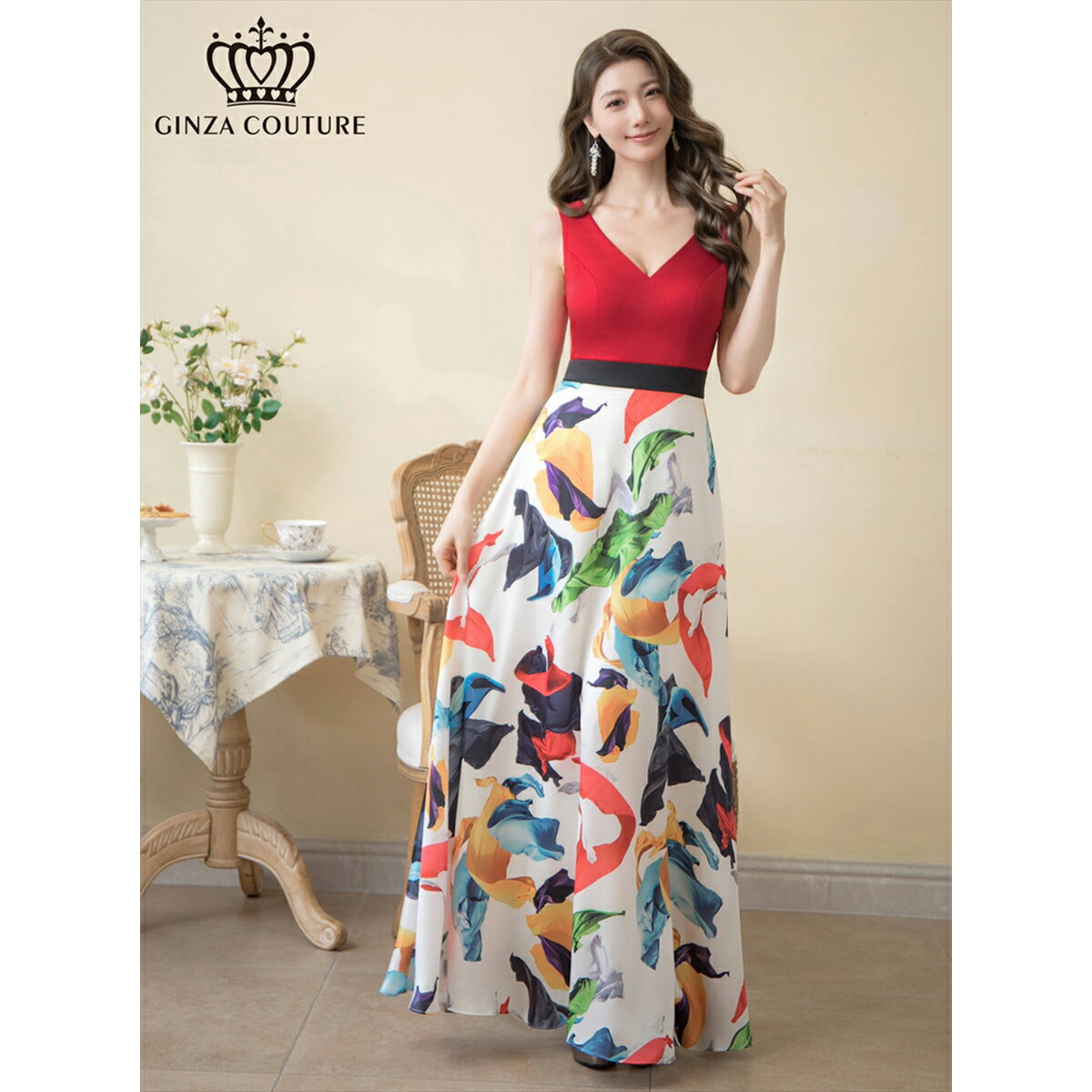 [GINZA COUTURE] 2color ペイント プリント Vネック ノースリーブ Aライン ロングドレス レッド×ホワイト ネイビー エレガント モダン シック キュート フォーマル ゴージャス 大きいサイズ 撮影 演奏会 発表会 ERUKEI LK エルケイドレス C31462