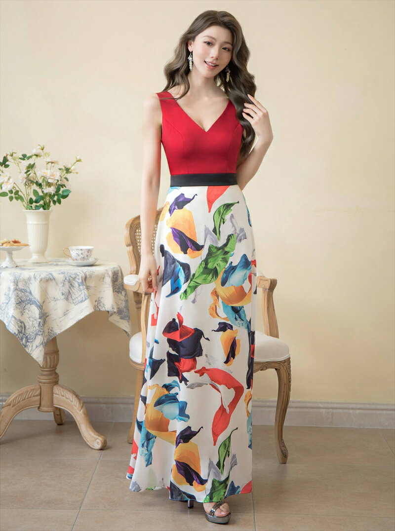 [GINZA COUTURE] 2color ペイント プリント Vネック ノースリーブ Aライン ロングドレス レッド×ホワイト ネイビー エレガント モダン シック キュート フォーマル ゴージャス 大きいサイズ 撮影 演奏会 発表会 ERUKEI LK エルケイドレス C31462