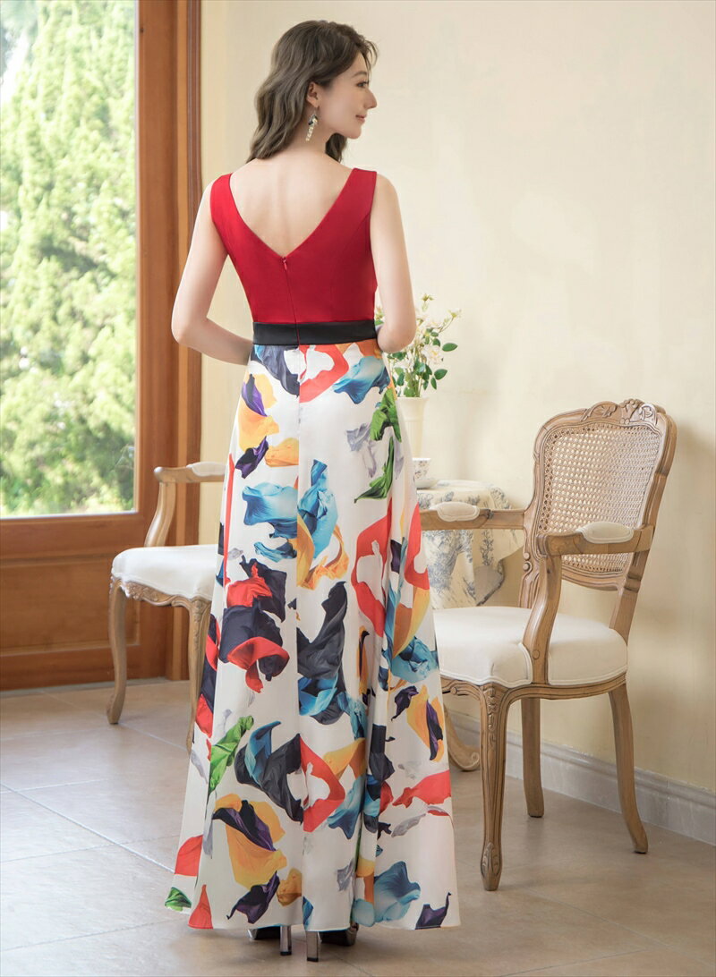 [GINZA COUTURE] 2color ペイント プリント Vネック ノースリーブ Aライン ロングドレス レッド×ホワイト ネイビー エレガント モダン シック キュート フォーマル ゴージャス 大きいサイズ 撮影 演奏会 発表会 ERUKEI LK エルケイドレス C31462