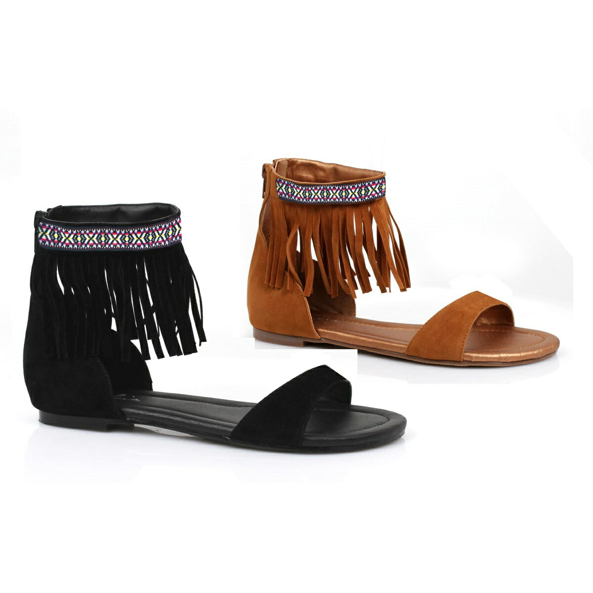 1031 by Ellie Shoes 015-HENA Tribal fringe native flat sandal with embroidered details レディース 刺繡入り フリンジ ネイティブ フラット サンダル ハロウィンコスプレ