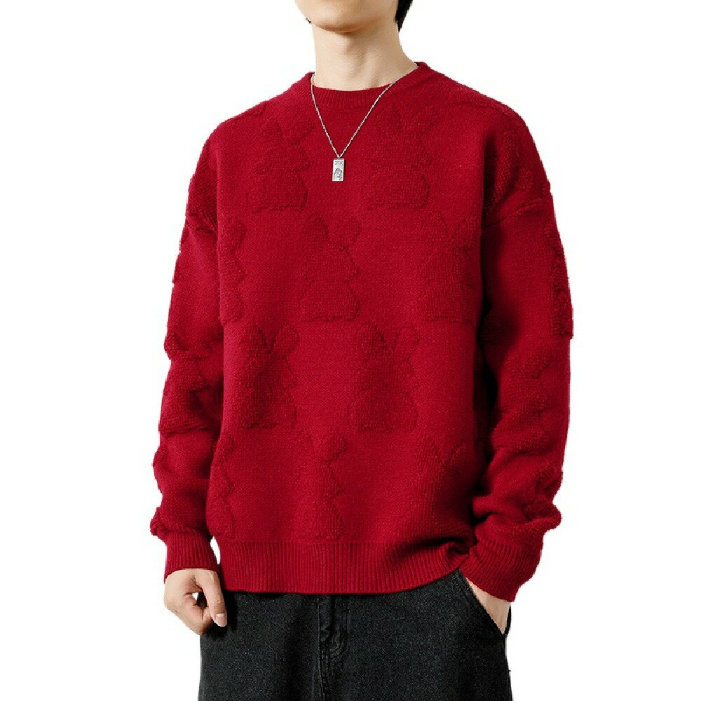 中国新年赤い男性セーター秋冬は厚手のファッションカジュアル上着