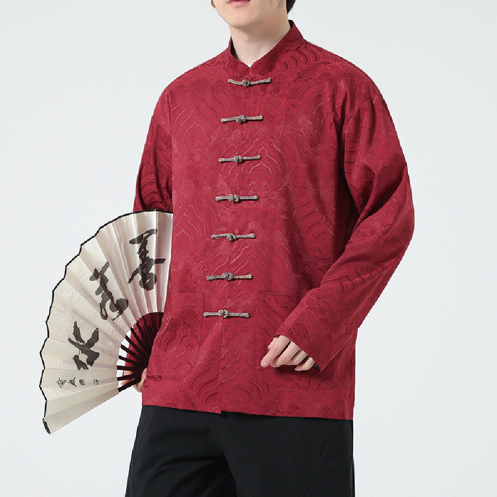 中国式春夏男性用バックル長袖スタンドカラー唐シャツ