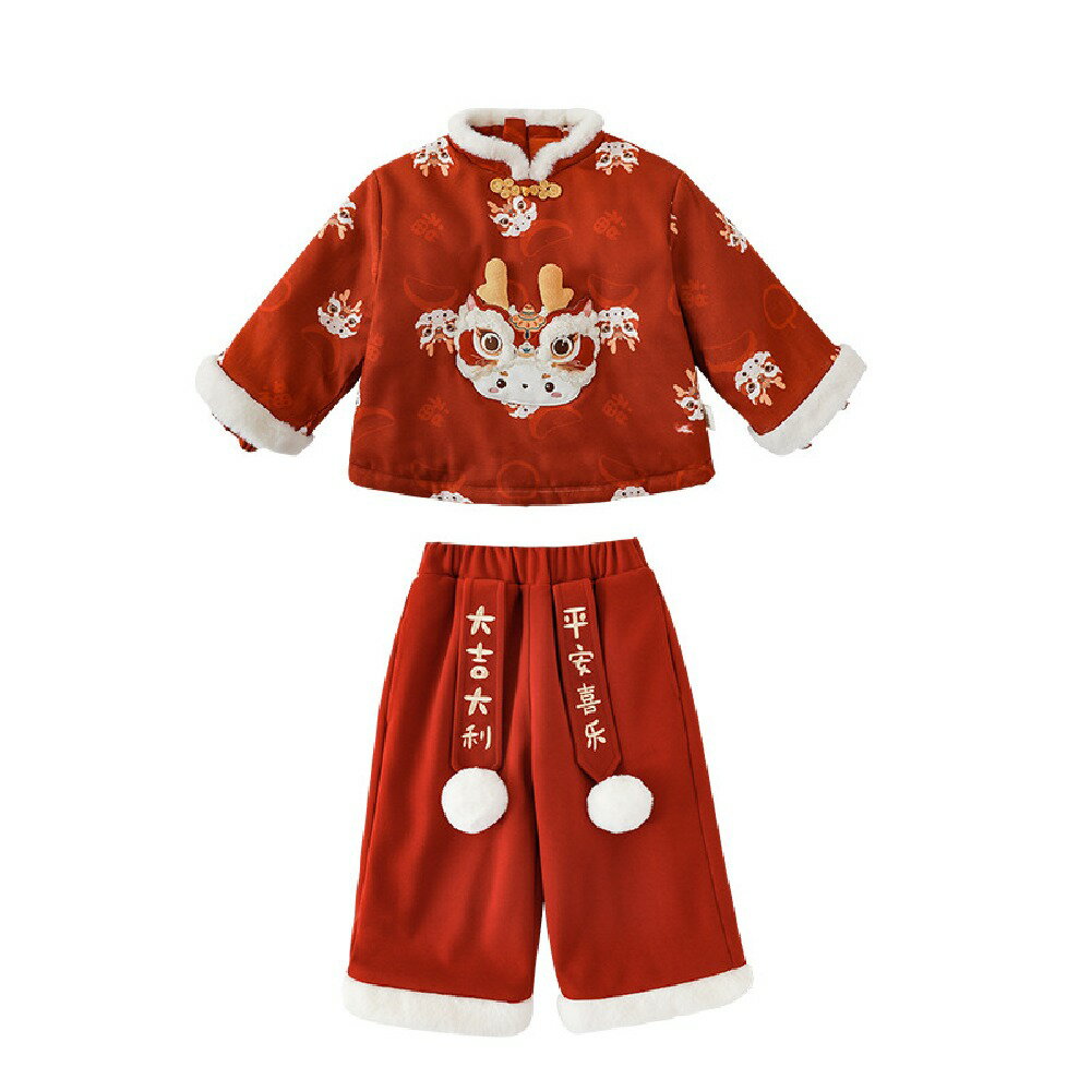 女の子の龍年プリントセット子供の中国風保温上着ズボンおめでたい