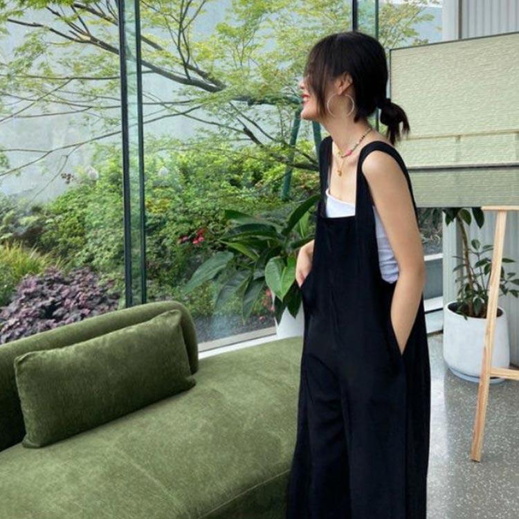 レディース ガウチョパンツ 美脚 サロペット 30代 オールインワン ロング丈 ゆったり オーバーオール 無地 夏 ワイドパンツ ブラック 春 シン