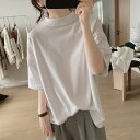 ハイネック Tシャツ レディース 夏 半袖 涼しい トップス タートルネック カットソー ゆるT ボトルネック ゆったり 無地 おしゃれ 夏服 半