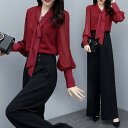 長袖 卒業式 大きいサイズ 上下セット パンツドレス 結婚式 パーティードレス 体型カバー ワイドパンツ vネック パンツドレス ワイドルーズ 2点セ