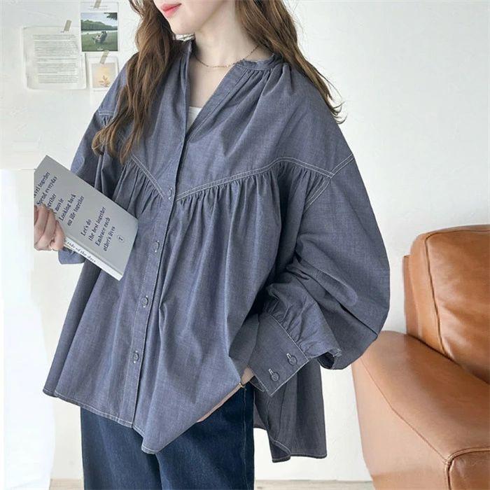 夏新作シャツ レディース ブラウス 長袖 ドルマン 彼シャツ チュニック バックシャン ロングシャツ ぽわん袖 バルーンスリープ ギャザー 大きいサイズ トップス