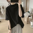 トップス 5分袖 tシャツ 夏 半袖 綿 Tシャツ プチハイネック レディース ドロップショルダー カットソー 通勤 コットン 大きいサイズ ハイネ