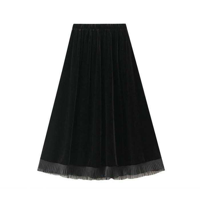 夏新・作フレアスカート ベルベット スカート Aライン 光沢感 ボリューム感 プリーツスカート ロング丈 ミモレ丈 レディース 無地 ハイウエスト 体型カバー 可愛