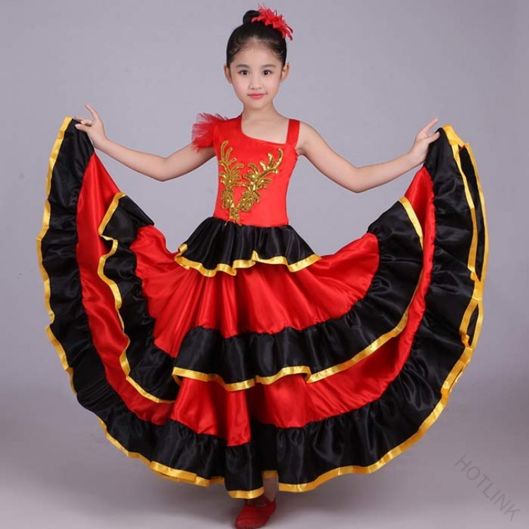Flamenco - 女の子 ワンピース 社交ダンス フラメンコ ドレス 子供 舞台 ステージ 衣装 可愛い フリル 髪飾り付き キッズ 合唱 モダンダンス 民族ダンス 大きい裾 ダンス 広がる ロング丈 豪華 華や