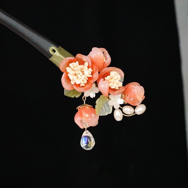 新中華風 古風 馬面スカート 簪 ピンク フラワー タッセル 高級感 まとめ髪用 ヘアアクセサリー 琉璃製 レトロ 上品 レディース