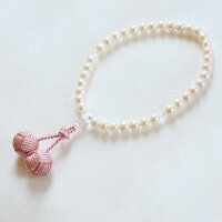 数珠淡水真珠(白)7mm(水晶仕立)利久梵天二色房／珊瑚×白
