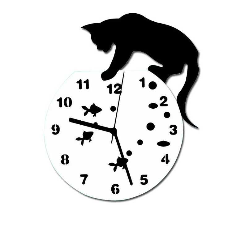 DIY掛け時計 黒猫と金魚のデザイン壁時計 可愛い おしゃれ