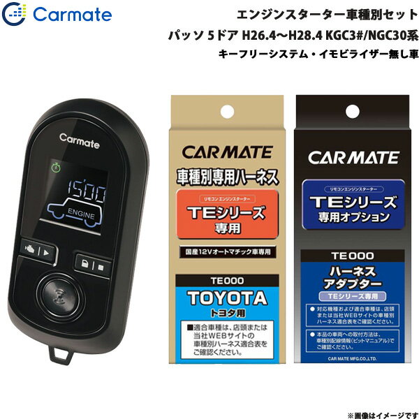 ■適合車種：トヨタ パッソ・タイプ：5ドア・年式：H26.4～H28.4・型式：KGC3#/NGC30系・グレード等：キーフリーシステム・イモビライザー無し車■セット商品構成・エンジンスターター：TE-W8000・車種別ハーネス：TE102・イモビライザー対応アダプター：・その他アダプター：・ドアロックアダプター：TE404・ドアロックアダプター配線場所：運転席側・フットブレーキ配線：必要・始動判断配線：-・エンジンルーム内作業：-・取付に必要なキー：不要※必ず商品ページ内の備考をご覧ください。※作成時点から更新の可能性があるため、ご購入前に必ずカーメイトの適合表をご確認ください。■トヨタ車の注意事項※オートライト機能装着車は、オートライト誤作動やバッテリー上がりの原因となりますので、ライトスイッチをOFF[消灯]の位置にしてエンジンスターターをご使用ください。※ただし、備考欄に記載があるモデル・車種はライトスイッチがON[点灯]の位置でエンジンスターターを使用することができます。■備考・P/N検出はできません。フットブレーキ配線を行なってください。※ご購入前にカーメイトホームページで必ず適合をお確かめください。※適合がわからない場合は、「車種、年式、型式」をお確かめの上、当店までお問い合わせください。