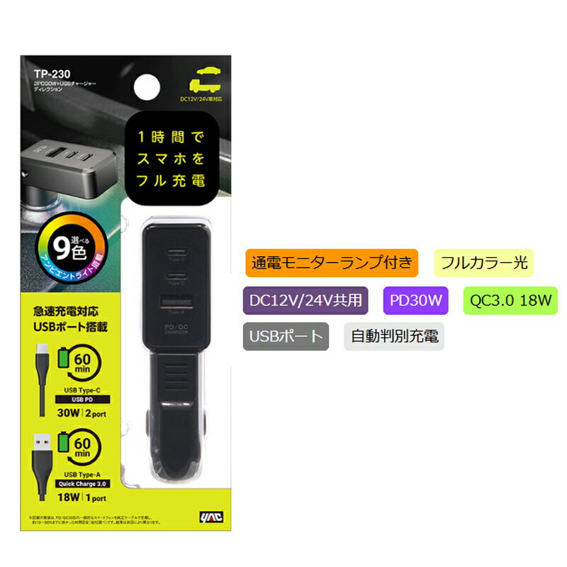 車　DC12V/24V共用 シガーソケット USB 急速充電　Type-C　Type-A 2PD30W＋USBチャージャー ディレクシ..