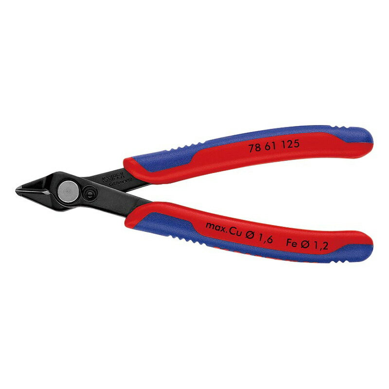 メーカー名：KNIPEX(クニペックス)品番：7861-125商品名：ニッパー (台紙付き)●ヘッド仕上げ：黒表面処理●ハンドル仕様：コンフォート●切断面：フラット●切断能力（軟線；φmm)：0.2-1.6●切断能力（中硬線；φmm)：1.2●ジョイント部の幅(A；mm)：13.5●口先の長さ(B；mm)：9.0●ジョイント部の厚さ(D；mm)：7.5●全長(mm)：125●質量(g)：56●極めて精密なエレクトロニクス関連、精密機器関連の切断作業に最適な高精度のニッパー。●刃はまっすぐで切断面がフラットに仕上がります。●研磨された非常にシャープな刃で面取りはしてありません。●マイクロカッティングエッジオフセットの制御によるせん断で、極細ワイヤーも超精密にカットし、長寿命です。●先端は精密に仕上げられており、密集したワイヤーも直径0.2mm以上あれば切断することができます。●ジョイント部はステンレス製のリベットで接合されています。●小さな力でも大変スムーズに可動します。●繰り返しの作業に便利なオープンスプリングと、先端が一定の間隔以上開くのを防ぐストッパー付き。●グラスファイバーケーブル（光ケーブル）の切断にも適しています。●入念な焼入れ処理が施された刃の硬度は約HRC64。●ハンドルは複数の材質で作られたプラスチックカバー付き。※コンフォートハンドル（本品）は絶縁ではありません。