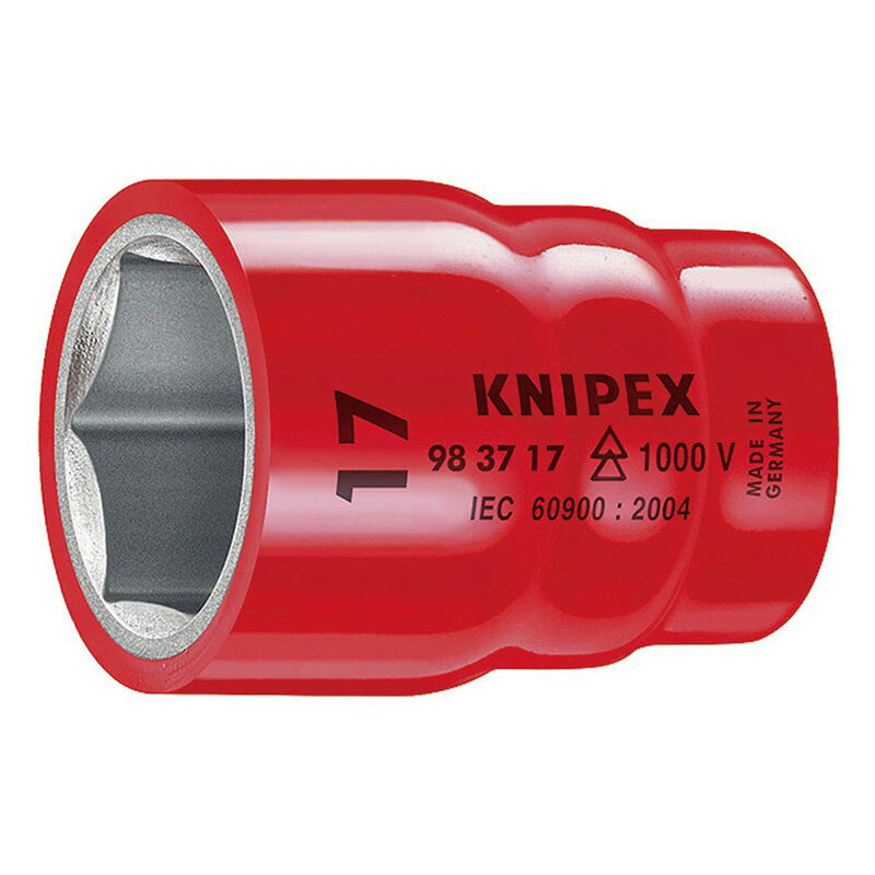メーカー名：KNIPEX(クニペックス)品番：9837-10商品名：絶縁ソケット (3/8SQ) 1000V●対辺(S；mm)：10●有効ツール面dの最大直径(mm)：18.7●差込角(”SQ)：3/8●全長(mm)：42●質量(g)：32●1000V絶縁。●材質はクロームバナジウム鋼。●DIN EN/IEC60900基準に適合。●クロムメッキされたベーシックツール。●メートル式六角ネジ用。※安全性を高めるために、クニペックス絶縁シリーズと一緒にお使い下さい。※メイン画像は品番9837-17です。