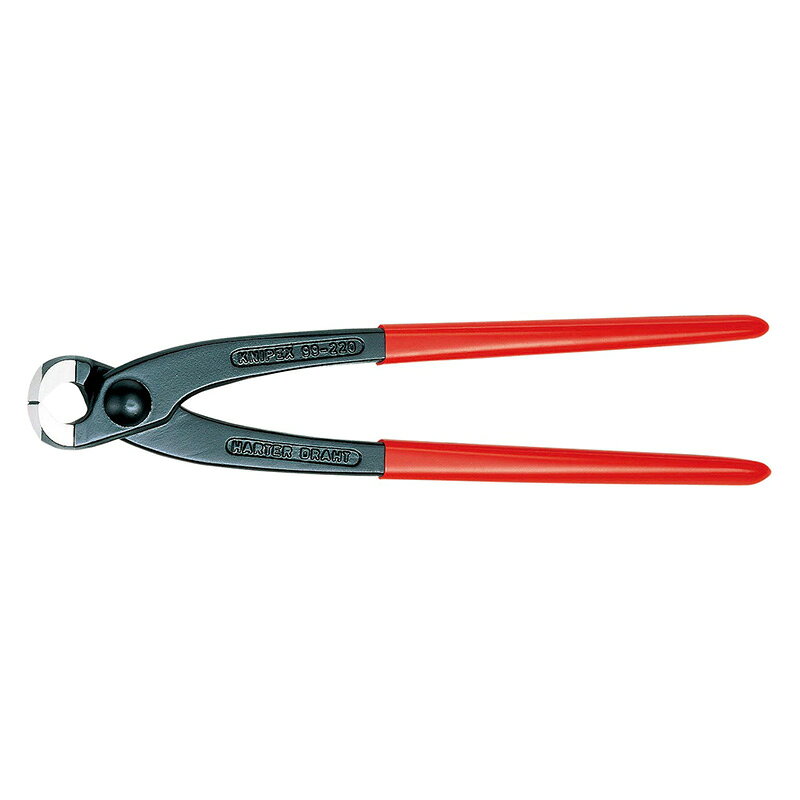 メーカー名：KNIPEX(クニペックス)品番：9901-200商品名：喰い切り (台紙付き)●プライヤー仕上げ：亜鉛合金メッキ(黒)●ヘッド仕上げ：研磨●ハンドル仕様：プラスチックコーティング●切断面：傘状●切断能力（中硬線；φmm)：1.8●切断能力（硬線；φmm)：1.4●全長(mm)：200●質量(g)：247●ワイヤーをねじる、切断する作業に最適なリーズナブルな喰い切りです。●卓越した精密性と耐久性により、世界中でもっとも人気のあるコンクリート工事用ニッパー。●入念な焼入れ処理が施された刃の硬度は約HRC61。●材質はオイル焼き入れ焼き戻し処理済みの特殊工具鋼。※メイン画像は品番9901-220です。