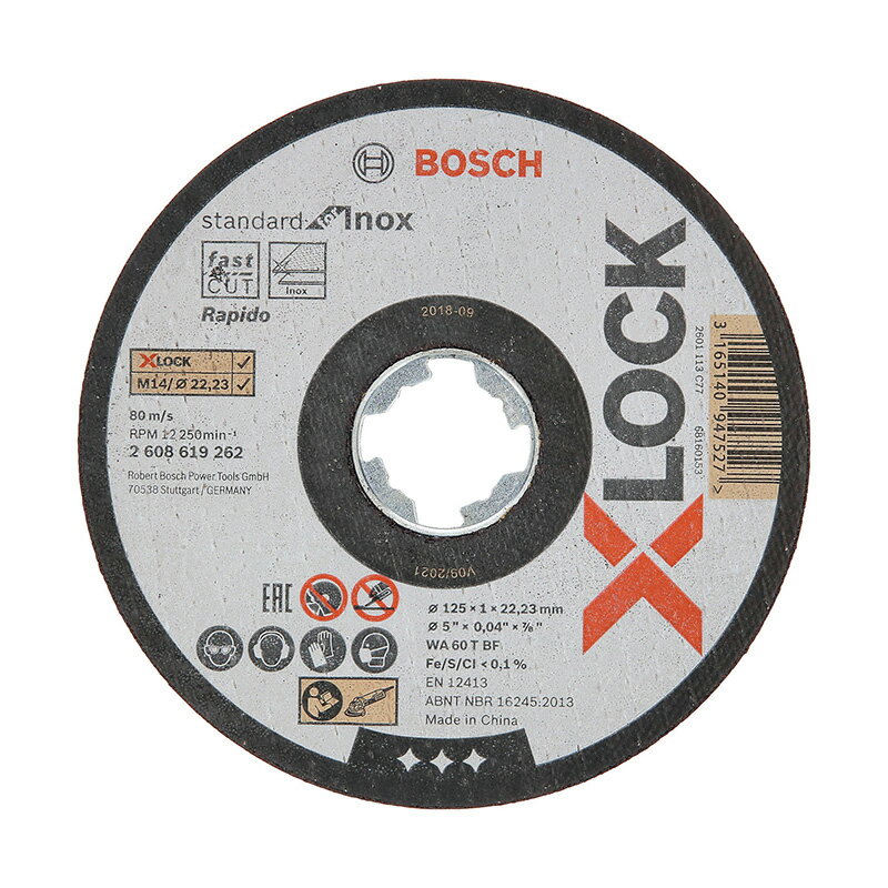 メーカー名：BOSCH（ボッシュ）品番：2608619262商品名：X-LOCK XL砥石 125x1.0ステンST●外径(mmφ)：125●取付穴径(mmφ)：22.23●刃厚(mm)：1.0●最高使用回転数(min-1)：12250●ステンレス切断に特化、シャープな切断。●ステンレスの切断作業。