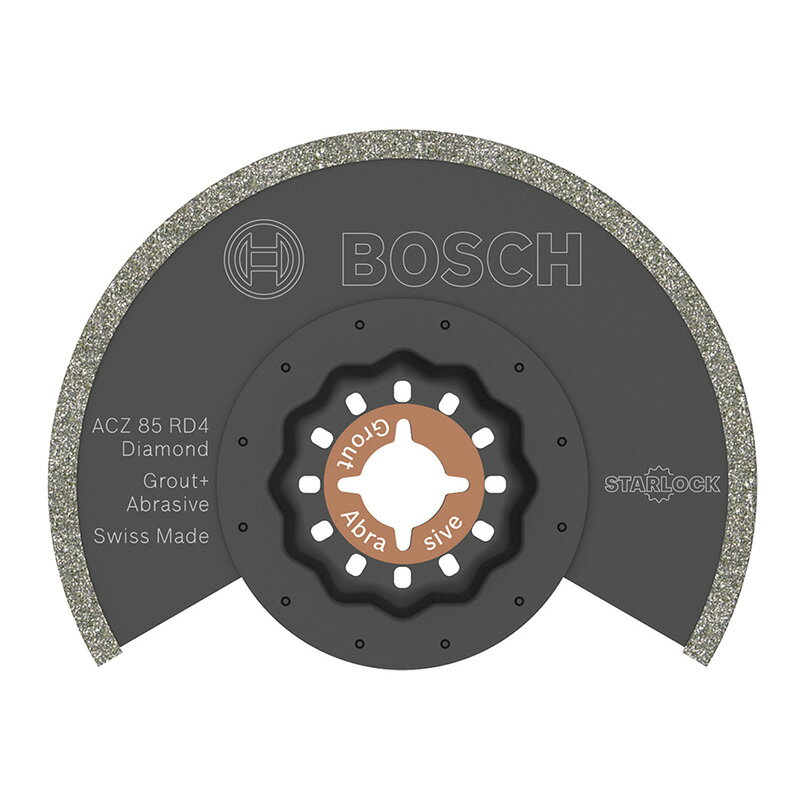 メーカー名：BOSCH（ボッシュ）品番：ACZ85RD4商品名：カットソーブレードスターロック●刃幅(mm)：85●材質：ダイヤモンド●原産国：スイス●入数：1個●質量(g)：33●サイズ(mm)：（H)65×（W)85×（D)6.5●最新のマルチツールアクセサリー。●ワンタッチ取付け。●電動工具本体のパワーを確実に伝達する3D形状採用。●豊富なアクセサリーであらゆる作業に対応。●他社機種にも使用可能。●使用用途が色別で仕分けされているので欲しいブレードが一目でわかる。●モルタル・セメント・FRP用●FRP、陶器タイル、目地切断●適用機種：ボッシュ、マキタ、日立OISマルチツール、ボッシュスターロックシステム全機種