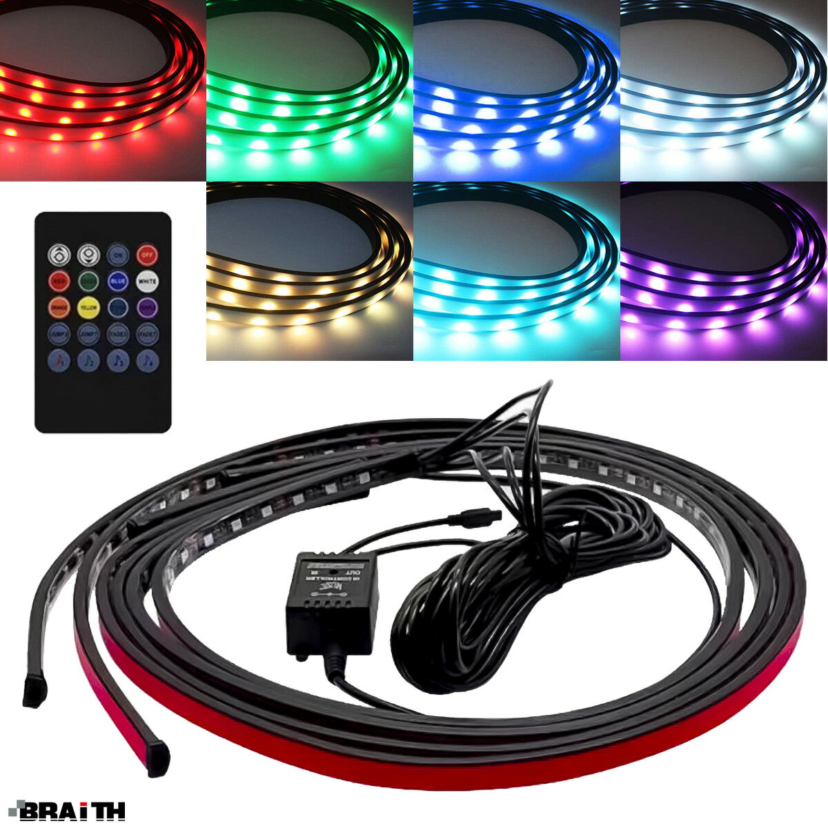 LEDアンダーイルミネーション 90cm×2本 120cm×2本 IP68防水 12V車専用 LEDテープ レインボーカラー 7色..