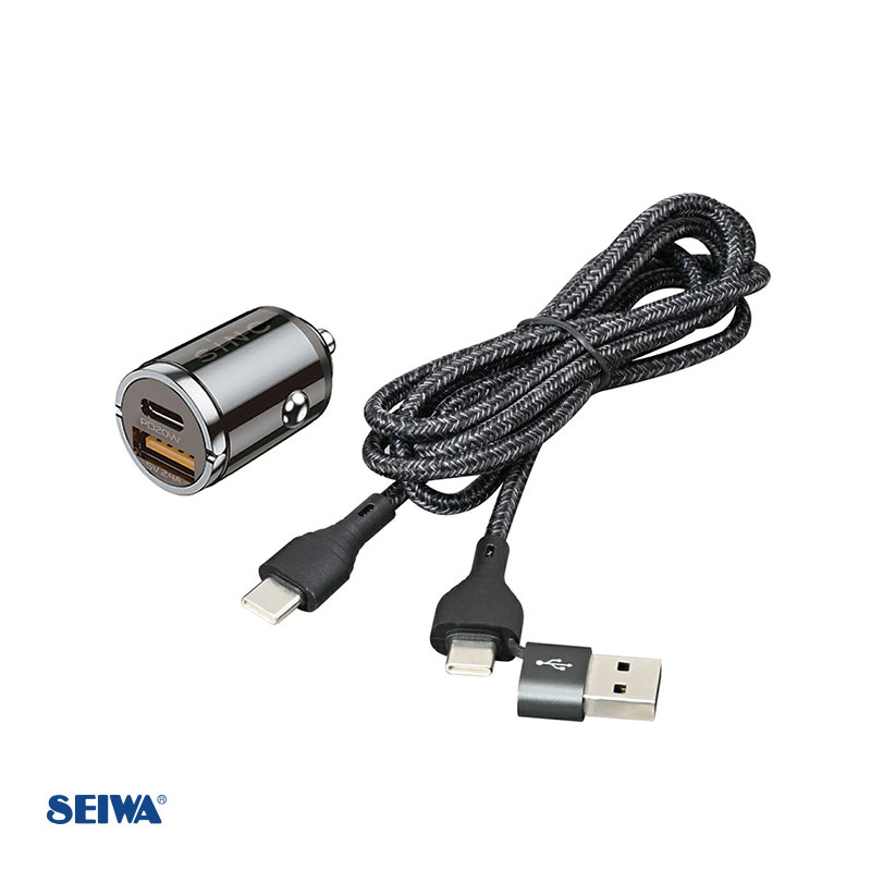 充電ケーブル DCプラグ USBポート付 車内 PD20W 5V 2.4A 小型サイズ Type-C/USB-A ケーブル付 セイワ/SEIWA D615