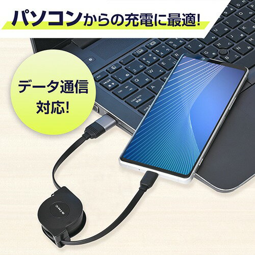 変換USBリールケーブルC/AtoC スマホ充電 タブレット 巻き取り式 PD急速充電 約1.2m 車内 パソコン等 セイワ D612